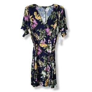 Roz & Ali Navy Blue Floral Faux Wrap Dress 3X Career Classic Flowy Stretch NEW